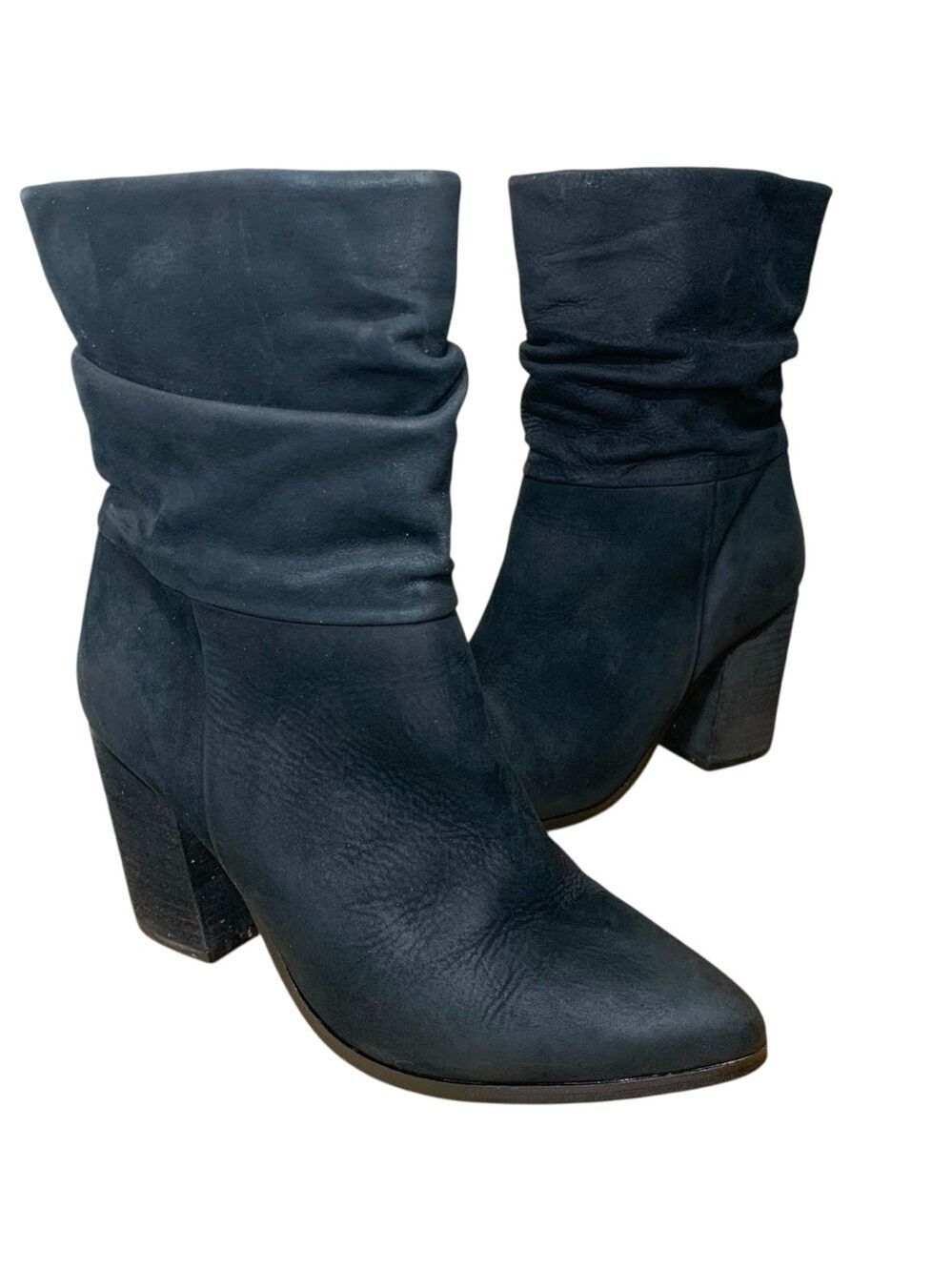 Aldo Black Moc Leather Ankle Boots Sz 7.5 Block Heel Rushed Lined Biker Booties